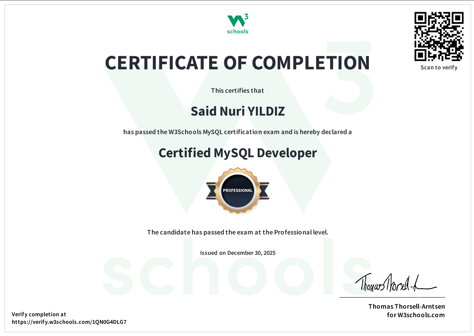 W3Schools Certified MySQL Developer